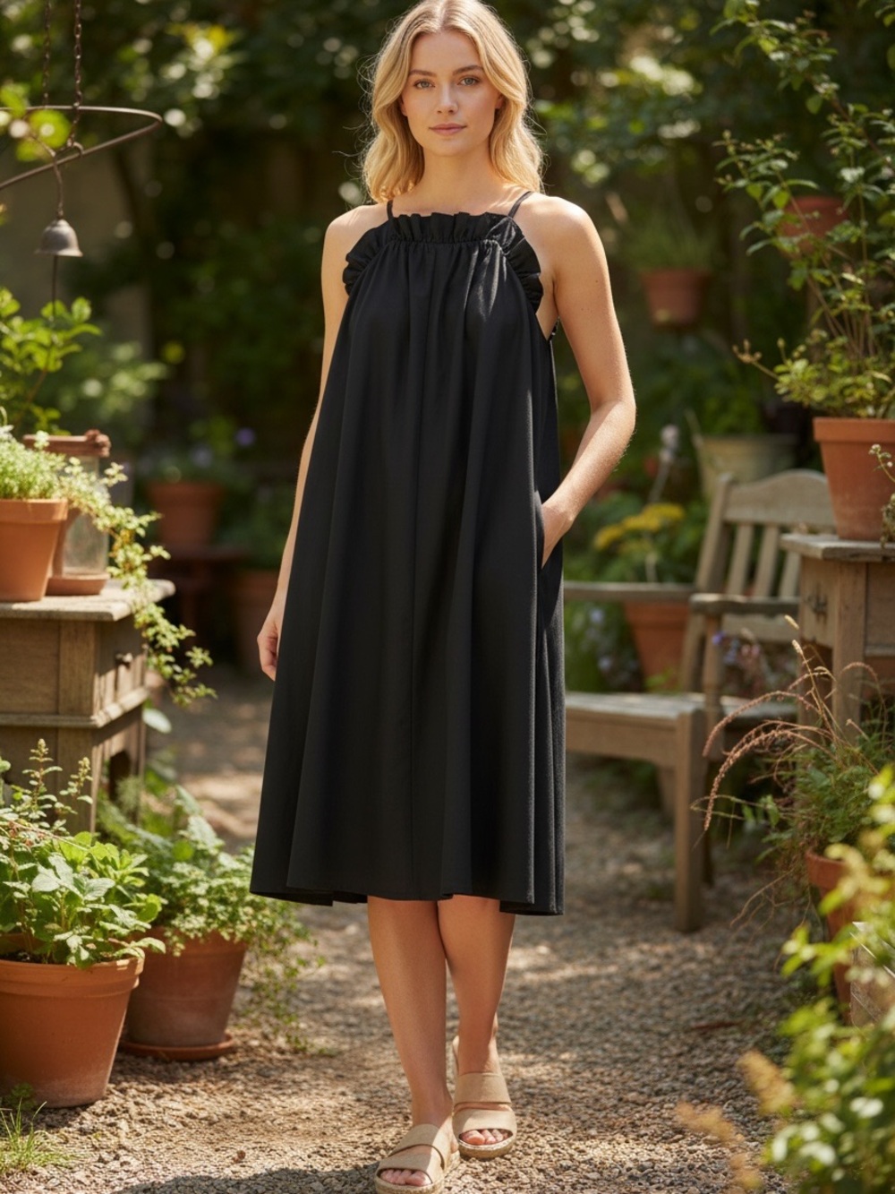 Corey Lynn Carter Black Gathered Halter Dress Cotton Sz XS Relaxed Minimalist